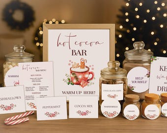 Kit per bar di cioccolata calda natalizia, cartelli ed etichette stampabili: decorazioni modificabili per le feste