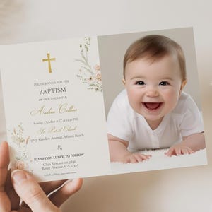 Wildflower Baptism photo invitation template, floral Baptism invitation with photo editable, winter Baptism invitation printable WRB