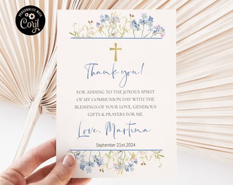 Editable Holy Communion thank you card for girl, Blue floral First Communion thank you card, Girl Holy Communion favors ICFC-1