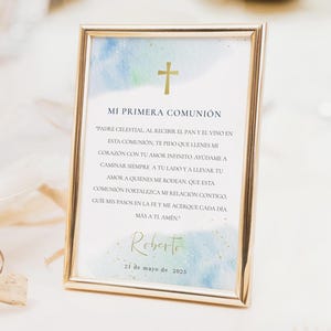 First Communion prayer sign template, Oración Comunión niño editable, Blue watercolor Communion prayer sign, Spanish Communion  BWFCE