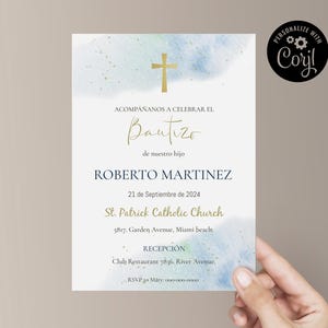 Spanish Baptism invitation editable, Blue Watercolor Baptism invite en español, invitación de Bautizo para niño, Modern Baptism invite  BWBE