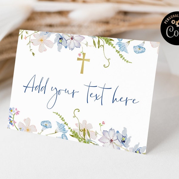 Blue flowers Holy Communion place card editable, Wildflower Religious Table Tent template, Floral Communion table decor printable, ICFC
