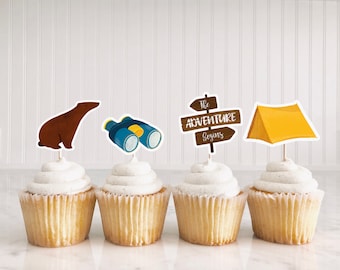Camping Birthday Cupcake Toppers: Adventure Party Decor (Digital Download)