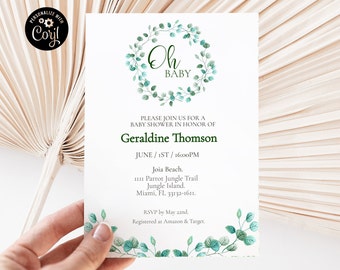 Greenery Baby shower invitation template, editable baby shower gender neutral invite, green wreath baby shower printable card