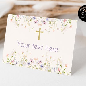 Modelo de etiquetas de buffet de batismo, cartão de lugar de batismo de flores silvestres, tenda de mesa de batismo com tema de flores para impressão, decoração de mesa religiosa ICB