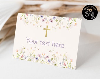 May include: A white card with a floral border and a gold cross in the center. The text "Your text here" is written in purple below the cross.