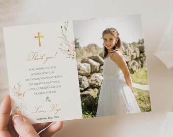 Elegant Roses First Communion Photo Thank You Card (Editable Template)