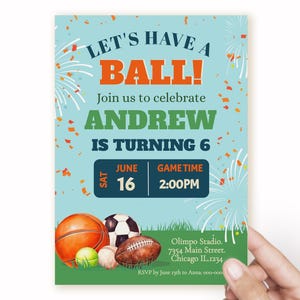 Faire-part d'anniversaire sportif pour enfants Fête à thème « Passons au ballon » Invitation imprimable modifiable pour garçons avec basket-ball, football et base-ball