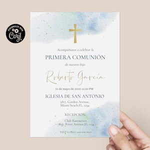 Invitación Primera Comunión niño, Plantilla de invitación de Primera Comunión española, Comunión niño en español, Invitación moderna para niño BWFCE