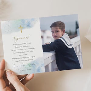 Agradecimiento Primera Comunión editable, Tarjeta de agradecimiento de Primera Comunión para plantilla de niño, Tarjeta de agradecimiento de Primera Comunión Moderna BWFCE