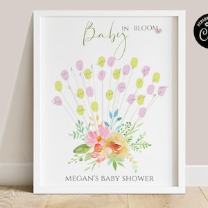 Baby in voller Blüte, Fingerabdruckbaum, bearbeitbar, druckbares alternatives Gästebuch mit Blumenmuster für die Babyparty eines Mädchens, Anmeldeplakat für die Babyparty eines Mädchens