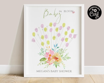 Baby in bloei vingerafdruk boom bewerkbaar, afdrukbaar bloemenalternatief gastenboek voor de babyshower van het meisje, de babyshower van het meisje Aanmelden poster