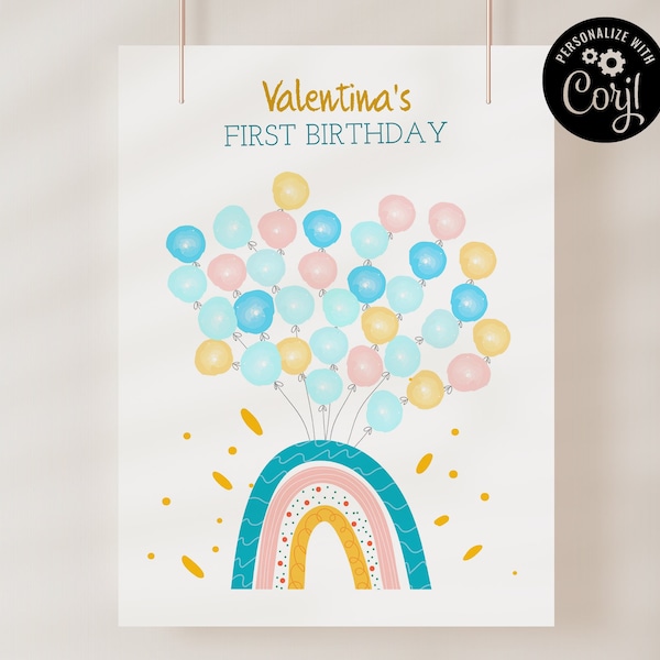 Colorful Rainbow fingerprint tree for First birthday, editable Guest Book for rainbow birthday, kids birthday alternative Guest Book FBR