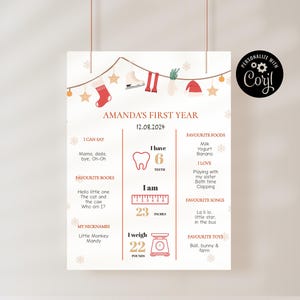 Póster editable de hito de cumpleaños de Navidad, tablero imprimible de hito de primer cumpleaños, decoración de cumpleaños de Navidad, letrero de mi primer año WFFB