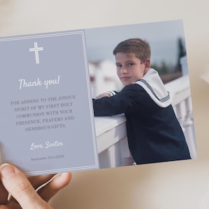 Dusty Blue First Communion Thank You Card with Photo, Boy Holy Communion Gratitude Card, Editable Template, Printable Religious Card DBFC