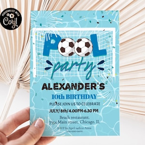 Soccer Pool Party Invitation, Editable Birthday Invite, Sports Splash Party Template, Printable Summer Birthday Invitation SPP