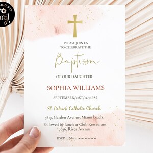 Invitación de bautismo editable en acuarela rosa, invitación de bautismo dorada y rosa, invitación de bautismo rosa polvoriento para niña, invitación religiosa PWB