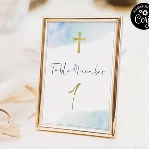 Plantilla de números de mesa de comunión moderna, números de mesa de primera comunión de acuarela azul, tarjetas de números de mesa de comunión de niño, decoración de mesa BWFC