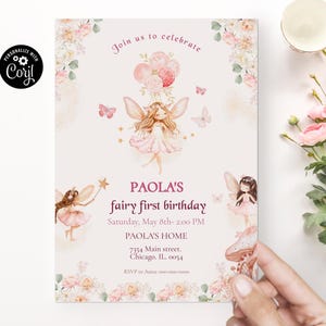 Fairy 1st Birthday invitation editable enchanted garden birthday invite magical Fairy Party Evite Printable Birthday Invitation for Girl