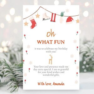 Oh What Fun biglietto di ringraziamento per il primo compleanno, biglietto di ringraziamento per il compleanno di Natale modificabile, biglietto di ringraziamento per il primo compleanno invernale stampabile WFFB