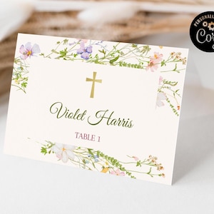 Cartão de lugar de primeira comunhão Wildflower editável, modelo de cartão de assento de mesa Wildflower, decoração de mesa de comunhão, cartão de nome para impressão ICFC-3