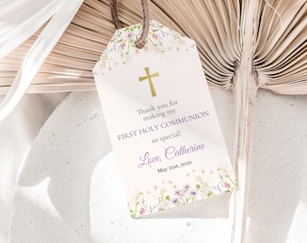 Wildflower Communion favor tags template, girl Holy Communion guest gift labels printable, My First Communion labels ICFC-5