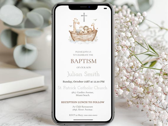 Noah’s Ark Baptism Evite, Editable Mobile Invitation Template NAB