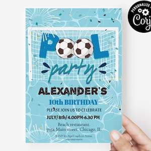 Soccer pool birthday invitation template, swimming pool party invite, splash party invitation printable, sports summer birthday invite SPP