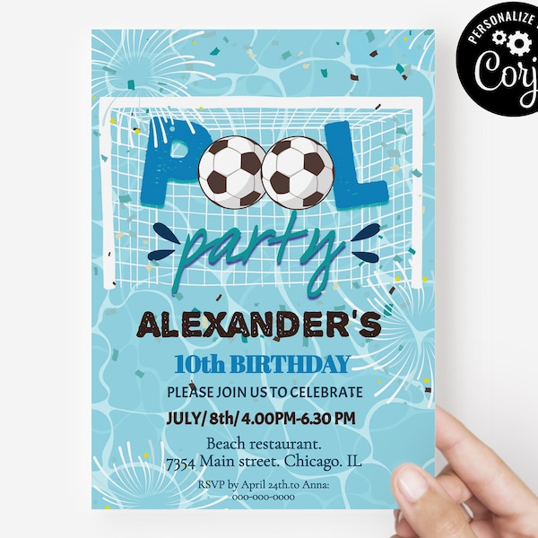 Soccer pool birthday invitation template, swimming pool party invite, splash party invitation printable, sports summer birthday invitations