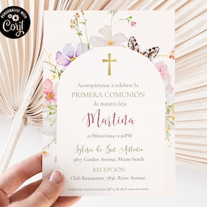 Invitación de Primera Comunión bewerkbare, Spaanse bloemen heilige communie uitnodiging voor meisje, Invitación Comunión niña en español ICFC