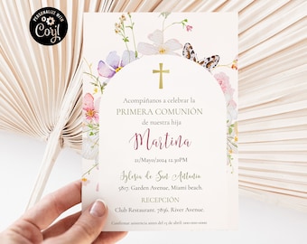 May include: A white invitation card with a floral border and a gold cross. The text reads "Acompáñanos a celebrar la PRIMERA COMUNIÓN de nuestra hija Martina 21/Mayo/2024 12:30PM Iglesia de San Antonie 5817. Garden Avenue, Miami beach. RECEPCIÓN Club Restaurant. 7836. River Avenue. Confirmar asistencia antes del 15 de abril: 000-000-0000"