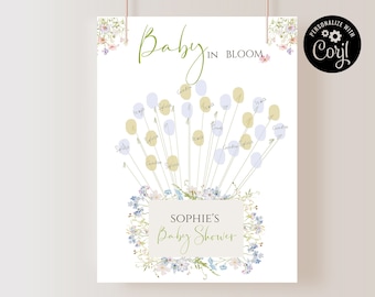Baby in Bloom-gastenboek: blauwe boom met vingerafdruk van wilde bloemen (afdrukbaar)