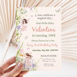 Convite de aniversário de fada mágica editável convite de primeiro aniversário menina cartão de primeiro aniversário para impressão modelo de festa de jardim faça você mesmo