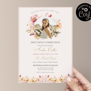 Wildflower First Communion Invitation: Watercolor Floral (Digital Template)