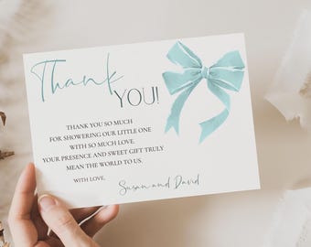 Karta z podziękowaniami z okazji baby shower „Blue Ribbon”: edytowalny szablon dla chłopca (do pobrania w wersji cyfrowej) BRBS