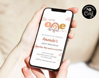 May include: A digital invitation for a first birthday party. The invitation features a rainbow with the words "isn't she one derful" and the name "Amanda's" in a pink and gold color scheme. The invitation includes the date, time, and location of the party.