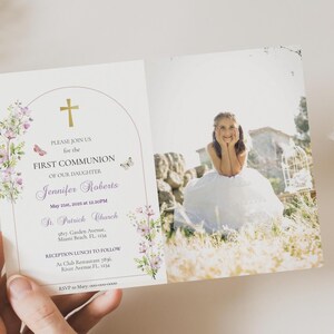Violet Blumen Foto Erste Kommunion Einladung Mädchen Bearbeitbare Lila Blume Heilige Kommunion Kartenvorlage BFFC-2