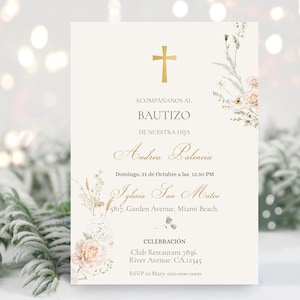 Sjabloon uitnodiging Spaanse doop, Invitación de flores para bautizo en español, Mi bautizo Invitación bewerkbaar, winterdoop WRBE