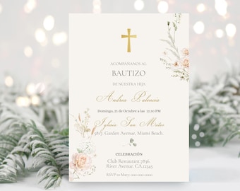 Modèle d'invitation de baptême espagnol, Invitación de flores para bautizo en español, Mi Bautizo Invitación modifiable, baptême d'hiver WRBE