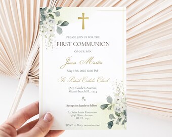 May include: A white and green floral design with a gold cross on a light green background. The text reads "Please join us for the First Communion of our son James Martin May 17th, 2025 12:30 PM St. Patrick Catholic Church 5817 Garden Avenue, Miami Beach, FL 1234 Reception lunch to follow At Saint Louis Restaurant 7836 River Avenue, ML, FL 1234 RSVP to Mary: 000-000-0000".