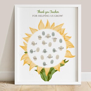 Impronta digitale di apprezzamento per l'insegnante con girasole, stampabile, regalo di ringraziamento per l'insegnante da scaricare immediatamente per bambini, regalo di fine anno per l'insegnante