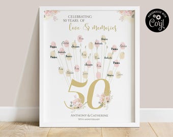 Livre d'or, empreinte digitale du 50e anniversaire : souvenir floral de mariage doré (téléchargement numérique)
