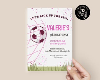 Sjabloon voetbal verjaardagsuitnodiging meisje, uitnodiging sportfeest voor meisje, roze uitnodiging voetbalfeest, sport verjaardagsuitnodiging SAP