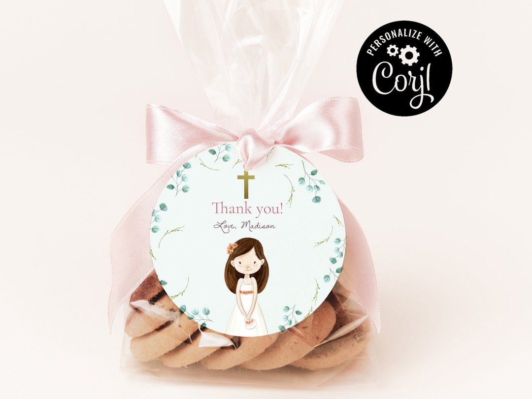 Printable Blue Flowers Round Tags for First Communion, Editable Circle Favor Tag for Girls ...