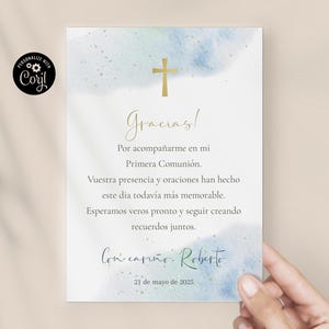 Spanish First Communion Thank You Card for Boy, Holy Communion Gratitude Card template, tarjeta agradecimiento Comunión editable  BWFCE