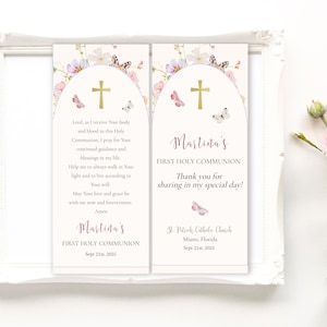 Editable First Communion Bookmark, Girl Communion Favor, Floral Butterfly Communion Template, Digital Download, Printable Bookmark ICFC-2