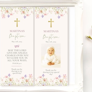 Floral watercolor baptism bookmark template, Editable Wildflower photo bookmark, Floral Baptism prayer card, religious keepsake  ICB