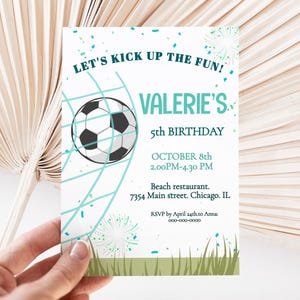 Convite de aniversário Teal Soccer editável, modelo de convite para festa de futebol para meninas, convite de aniversário esportivo para impressão, convite para festa esportiva TGSP