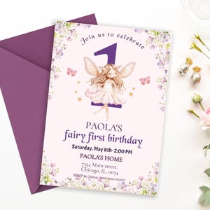 Convite de primeiro aniversário de fada para menina, tema de fada roxa, editável, para impressão, convite para festa de primeiro aniversário, modelo de cartão mágico para menina