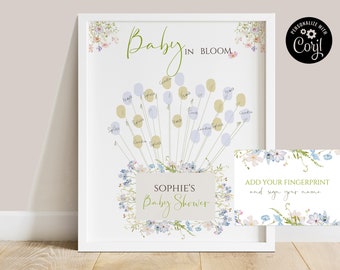 Baby in bloei vingerafdruk boomsjabloon, bloemen babyshower alternatief gastenboek Afdrukbaar, bewerkbaar Baby in bloei handtekening gastenboek